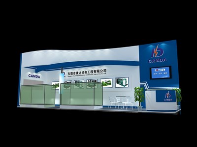 36平米展臺設(shè)計制作：二面開口/現(xiàn)代/木質(zhì)結(jié)構(gòu)/藍色，為機械展展商而作（免費使用）