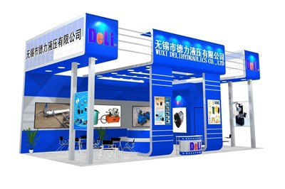 72平米展臺設計制作：三面開口/現代/木質結構/藍色，為機械展展商而作（免費使用）