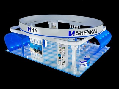 120平米展臺設(shè)計制作：三面開口/前衛(wèi)/木質(zhì)結(jié)構(gòu)/藍色，為機械展展商而作（免費使用）
