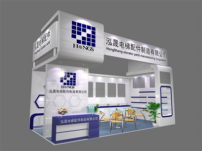 18平米展臺設(shè)計制作：二面開口/現(xiàn)代/木質(zhì)結(jié)構(gòu)/藍(lán)色，為機(jī)械展展商而作（免費使用）