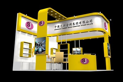 36平米展臺設(shè)計(jì)制作：三面開口/現(xiàn)代/木質(zhì)結(jié)構(gòu)/黃色，為家電展展商而作（免費(fèi)使用）