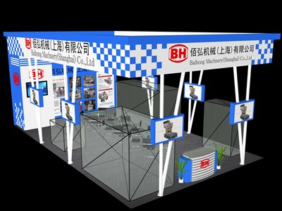 60平米展臺設(shè)計(jì)制作：三面開口/前衛(wèi)/木質(zhì)結(jié)構(gòu)/藍(lán)色，為機(jī)械展展商而作（免費(fèi)使用）