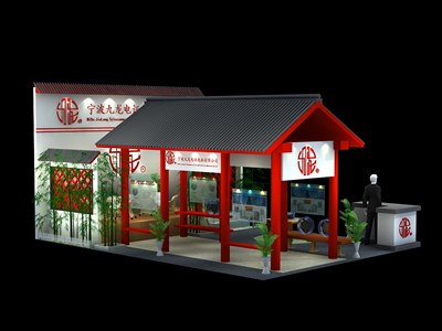 54平米展臺設(shè)計制作：三面開口/中式/木質(zhì)結(jié)構(gòu)/紅色，為汽配展展商而作（免費使用）