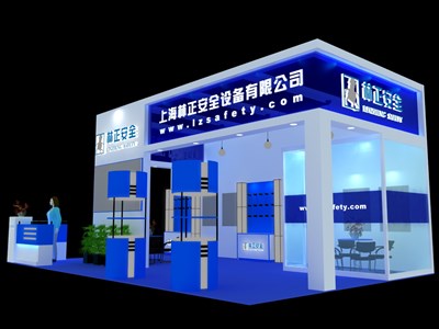 49.5平米展臺(tái)設(shè)計(jì)制作：三面開口/現(xiàn)代/木質(zhì)結(jié)構(gòu)/藍(lán)色，為機(jī)械展展商而作（免費(fèi)使用）