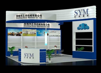 36平米展臺(tái)設(shè)計(jì)制作：三面開口/現(xiàn)代/木質(zhì)結(jié)構(gòu)/藍(lán)色，為機(jī)械展展商而作（免費(fèi)使用）