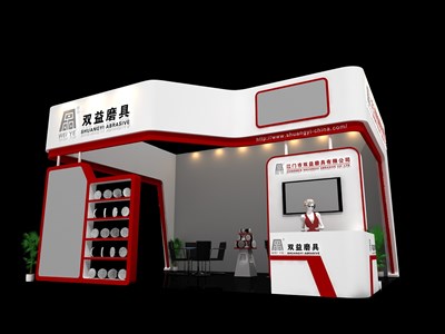 48平米展臺(tái)設(shè)計(jì)制作：三面開口/現(xiàn)代/木質(zhì)結(jié)構(gòu)/紅色，為機(jī)械展展商而作（免費(fèi)使用）