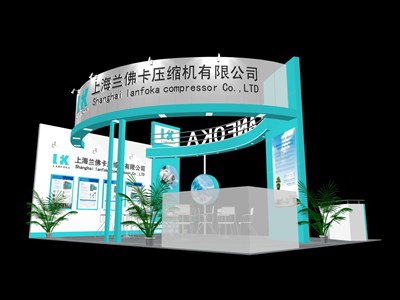 48平米展臺設(shè)計制作：三面開口/現(xiàn)代/木質(zhì)結(jié)構(gòu)/綠色，為機械展展商而作（免費使用）
