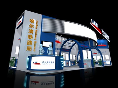 102平米展臺設(shè)計制作：二面開口/現(xiàn)代/木質(zhì)結(jié)構(gòu)/藍(lán)色，為機械展展商而作（免費使用）