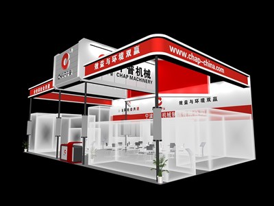 135平米展臺設(shè)計(jì)制作：三面開口/現(xiàn)代/木質(zhì)結(jié)構(gòu)/紅色，為機(jī)械展展商而作（免費(fèi)使用）