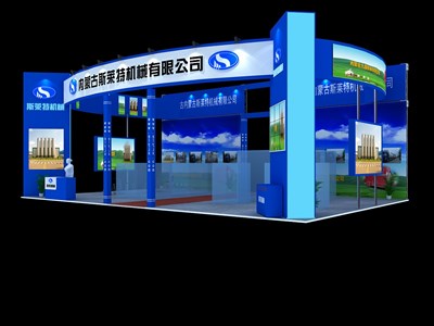 126平米展臺設(shè)計制作：三面開口/現(xiàn)代/木質(zhì)結(jié)構(gòu)/藍(lán)色，為機械展展商而作（免費使用）