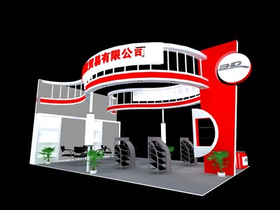 54平米展臺設計制作：三面開口/現(xiàn)代/木質結構/紅色，為汽配展展商而作（免費使用）