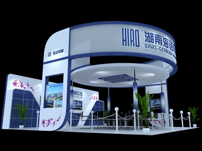 76.5平米展臺(tái)設(shè)計(jì)制作：四面開口/現(xiàn)代/木質(zhì)結(jié)構(gòu)/藍(lán)色，為汽配展展商而作（免費(fèi)使用）