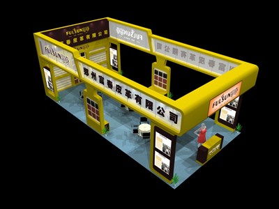 72平米展臺設(shè)計制作：三面開口/現(xiàn)代/木質(zhì)結(jié)構(gòu)/黃色，為汽配展展商而作（免費使用）