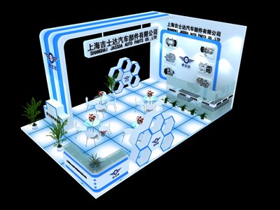 54平米展臺設計制作：三面開口/前衛(wèi)/木質(zhì)結(jié)構(gòu)/藍色，為汽配展展商而作（免費使用）