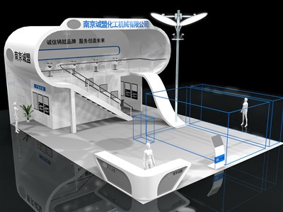 108平米展臺設(shè)計(jì)制作：三面開口/現(xiàn)代/雙層結(jié)構(gòu)/白色，為汽配展展商而作（免費(fèi)使用）