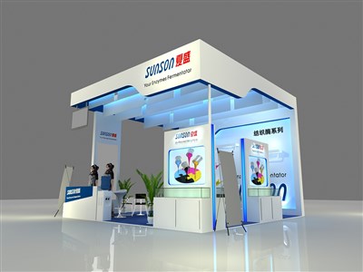 36平米展臺設(shè)計制作：三面開口/現(xiàn)代/木質(zhì)結(jié)構(gòu)/白色，為電子展展商而作（免費(fèi)使用）