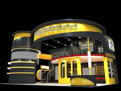 99平米展臺設計制作：三面開口/現(xiàn)代/雙層結構/黃色，為電子展展商而作（免費使用）