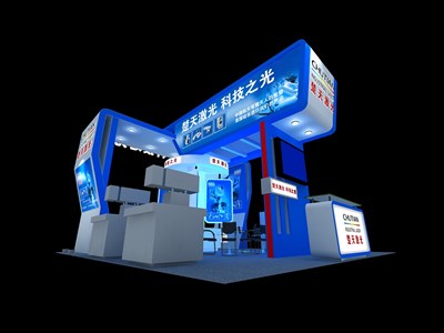 36平米展臺(tái)設(shè)計(jì)制作：四面開口/前衛(wèi)/木質(zhì)結(jié)構(gòu)/藍(lán)色，為電子展展商而作（免費(fèi)使用）