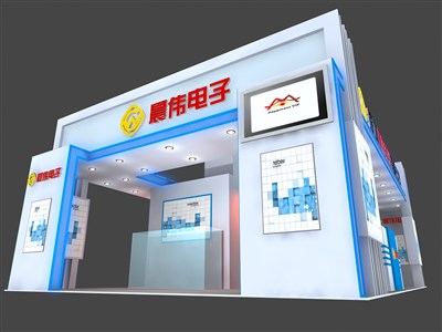 54平米展臺設計制作：三面開口/前衛(wèi)/木質(zhì)結構/藍色，為電子展展商而作（免費使用）