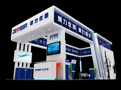50平米展臺(tái)設(shè)計(jì)制作：四面開(kāi)口/現(xiàn)代/木質(zhì)結(jié)構(gòu)/藍(lán)色，為電子展展商而作（免費(fèi)使用）