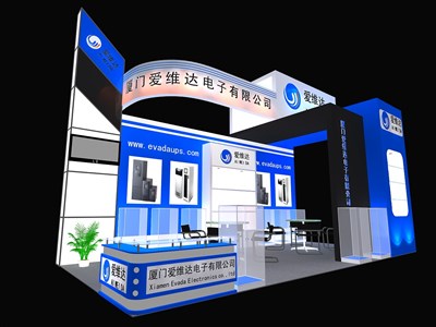 18平米展臺設(shè)計制作：三面開口/現(xiàn)代/木質(zhì)結(jié)構(gòu)/藍色，為電子展展商而作（免費使用）