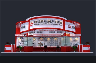 72平米展臺設(shè)計制作：四面開口/現(xiàn)代/木質(zhì)結(jié)構(gòu)/紅色，為電子展展商而作（免費使用）