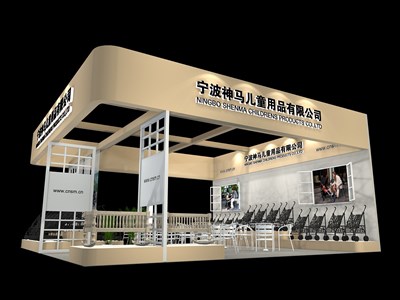 81平米展臺(tái)設(shè)計(jì)制作：三面開口/現(xiàn)代/木質(zhì)結(jié)構(gòu)/米色，為嬰幼展展商而作（免費(fèi)使用）