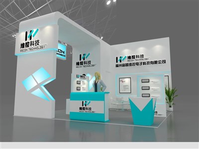 36平米展臺設(shè)計制作：三面開口/現(xiàn)代/木質(zhì)結(jié)構(gòu)/藍(lán)色，為電子展展商而作（免費(fèi)使用）