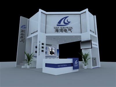 36平米展臺設(shè)計制作：三面開口/現(xiàn)代/木質(zhì)結(jié)構(gòu)/藍(lán)色，為電子展展商而作（免費使用）