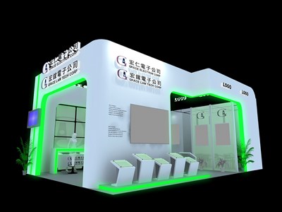 54平米展臺(tái)設(shè)計(jì)制作：二面開口/現(xiàn)代/木質(zhì)結(jié)構(gòu)/綠色，為電子展展商而作（免費(fèi)使用）