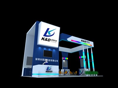 54平米展臺設計制作：三面開口/現(xiàn)代/木質(zhì)結構/藍色，為電子展展商而作（免費使用）