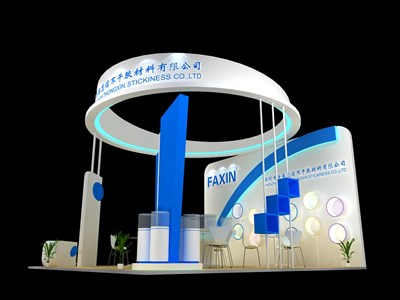 36平米展臺設計制作：三面開口/現(xiàn)代/木質結構/藍色，為電子展展商而作（免費使用）
