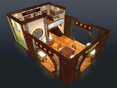 54平米展臺(tái)設(shè)計(jì)制作：三面開口/中式/雙層結(jié)構(gòu)/咖啡色，為茶博會(huì)展商而作（免費(fèi)使用）