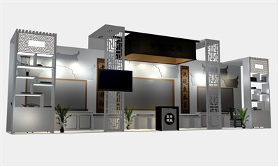 24平米展臺設(shè)計制作：三面開口/中式/木質(zhì)結(jié)構(gòu)/灰色，為茶博會展商而作（免費使用）