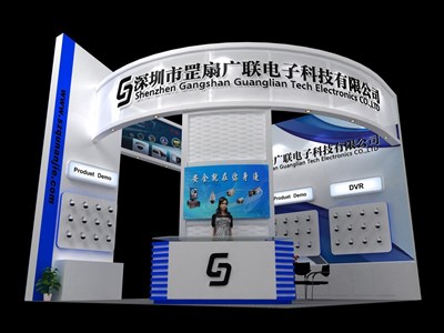 36平米展臺設(shè)計制作：三面開口/前衛(wèi)/木質(zhì)結(jié)構(gòu)/藍(lán)色，為電子展展商而作（免費(fèi)使用）