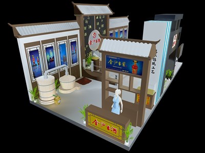 72平米展臺設(shè)計制作：三面開口/中式/木質(zhì)結(jié)構(gòu)/灰色，為糖酒展展商而作（免費使用）