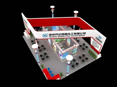 120平米展臺(tái)設(shè)計(jì)制作：四面開口/現(xiàn)代/木質(zhì)結(jié)構(gòu)/紅色，為化工展展商而作（免費(fèi)使用）