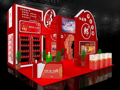 72平米展臺設計制作：三面開口/現(xiàn)代/型材結(jié)構(gòu)/紅色，為糖酒展展商而作（免費使用）