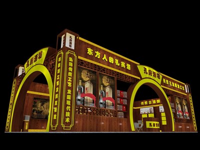 120平米展臺設(shè)計制作：二面開口/中式/木質(zhì)結(jié)構(gòu)/咖啡色，為糖酒展展商而作（免費使用）