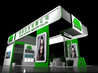 98平米展臺設計制作：三面開口/現(xiàn)代/木質結構/綠色，為化工展展商而作（免費使用）