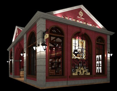 72平米展臺設(shè)計制作：一面開口/歐式/型材結(jié)構(gòu)/紅色，為糖酒展展商而作（免費(fèi)使用）