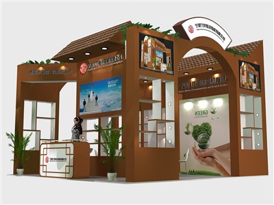 36平米展臺設(shè)計制作：三面開口/中式/木質(zhì)結(jié)構(gòu)/咖啡色，為電子展展商而作（免費使用）