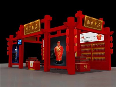 72平米展臺設(shè)計制作：三面開口/中式/木質(zhì)結(jié)構(gòu)/紅色，為糖酒展展商而作（免費使用）