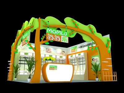 36平米展臺設計制作：二面開口/卡通/木質結構/綠色，為嬰幼展展商而作（免費使用）