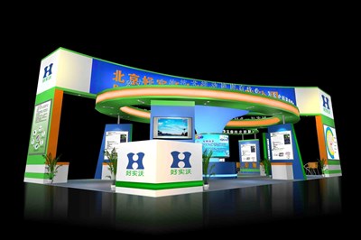 72平米展臺設(shè)計制作：四面開口/現(xiàn)代/木質(zhì)結(jié)構(gòu)/綠色，為化工展展商而作（免費使用）