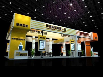 150平米展臺設(shè)計(jì)制作：四面開口/現(xiàn)代/木質(zhì)結(jié)構(gòu)/黃色，為電子展展商而作（免費(fèi)使用）