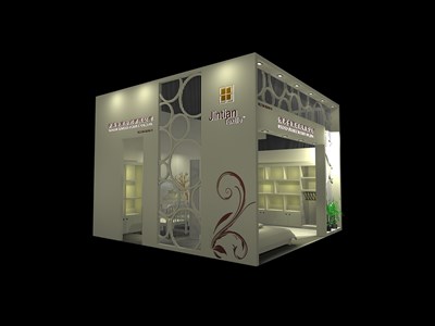 36平米展臺設(shè)計制作：二面開口/現(xiàn)代/木質(zhì)結(jié)構(gòu)/米色，為綜合展展商而作（免費使用）