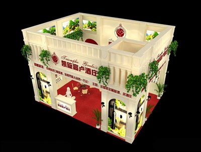 48平米展臺(tái)設(shè)計(jì)制作：二面開口/歐式/木質(zhì)結(jié)構(gòu)/米色，為糖酒展展商而作（免費(fèi)使用）