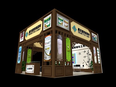 42平米展臺(tái)設(shè)計(jì)制作：四面開(kāi)口/中式/木質(zhì)結(jié)構(gòu)/咖啡色，為化工展展商而作（免費(fèi)使用）