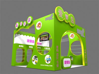 36平米展臺設(shè)計制作：三面開口/現(xiàn)代/木質(zhì)結(jié)構(gòu)/綠色，為嬰幼展展商而作（免費使用）